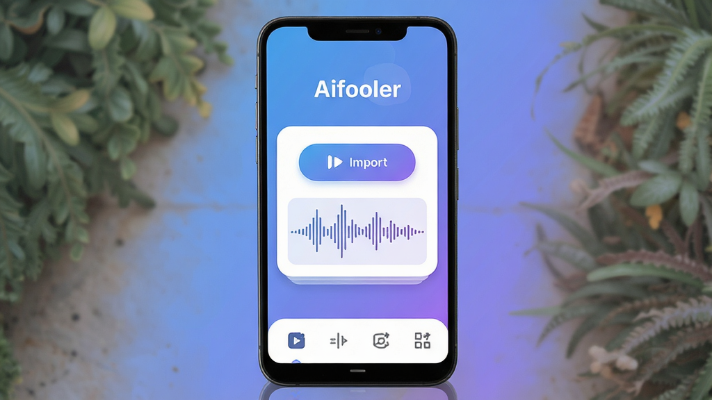 һ��չʾ Aifooler ������������ֻ���ͼ����ͼ������������һ��������׿�ֻ�����Ļ����ʾ Aifooler �ļ��������棬�������������ơ�Aifooler���������в�Ϊ��Ƶ���밴ť�벨��ʾ��ͼ���ײ�Ϊ����ѡ������岼�����������Ϊ�ִ���ƽ����ƣ�ϸ�ڰ�����͵����Ͻ��䱳����Բ�ǿ�Ƭ�����ͼ�꣬���ʸ��壬����ɾ����޶���Ԫ��