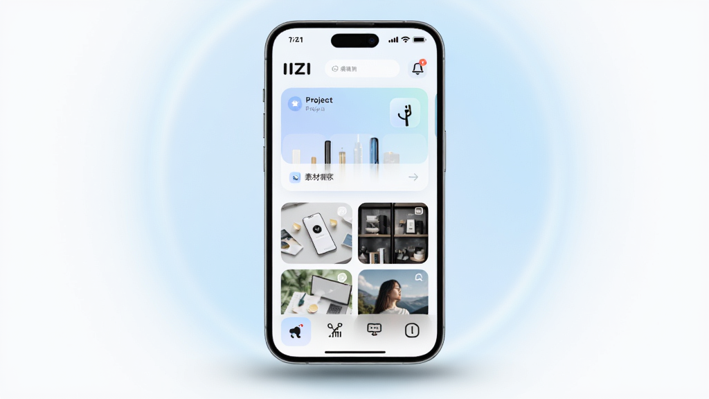 ����Ϊһ�������ֻ���Ļ��д����Ļ��չʾ IIZI Ӧ�ý��棬������Ŀ��Ƭ���ز�����ͼ�����ֲ��þ��й�ͼ���ֻ��·��������Ӱ���Ű�Ϊ���溣����񣻷��Ϊ�ִ��Ƽ���������ǳɫ�ںϣ�ϸ�ڰ�������Բ��ͼ�ꡢ��͸��ĥɰ�ʸС������е���ɫ������Σ����ʸ��壬����ɾ����޶���Ԫ�ء�