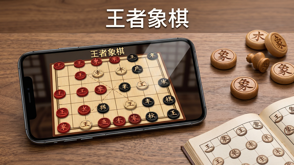 一张展示王者象棋应用界面的场景图,主体为一部智能手机横屏放置在木质桌面上,屏幕内呈现中国象棋棋盘与红黑棋子对峙的布局,棋盘上方显示“王者象棋”四个字;布局上手机居中偏左,右侧散落几枚实体木质棋子与一本翻开的棋谱作为点缀;排版上文字标题位于画面顶部居中,风格为写实产品展示风,细节包括棋子上的汉字刻痕、屏幕反光与桌面木纹质感;画质清晰干净,无多余杂乱元素