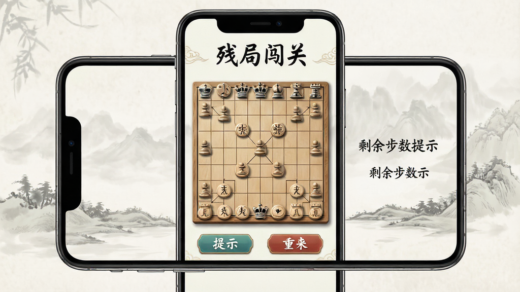 一张展示残局闯关界面的图片,主体为手机屏幕内呈现一个象棋残局局面,棋盘旁标注“残局闯关”字样与剩余步数提示,屏幕下方有“提示”与“重来”按钮;布局上手机居中,背景为淡雅水墨纹理;排版上标题位于屏幕顶部,风格为清新国风,细节包括棋子阴影与棋盘线条的细腻刻画;画质干净,无多余装饰元素