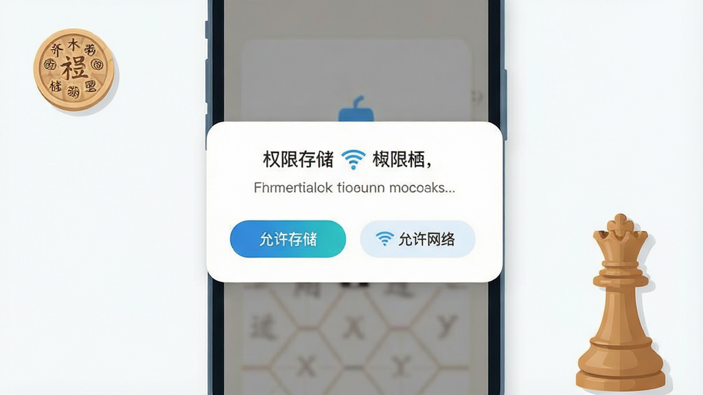 一张展示手机安装应用过程的示意图,主体为手机屏幕弹出权限请求对话框,旁边有“允许存储”“允许网络”等选项按钮,画面一角放置一枚象棋棋子作为点缀;布局上手机居中,对话框位于屏幕中央;排版简洁,风格为扁平化信息图风格,细节包括按钮的高亮状态与手机边框的圆角处理;画质干净清晰,无多余元素