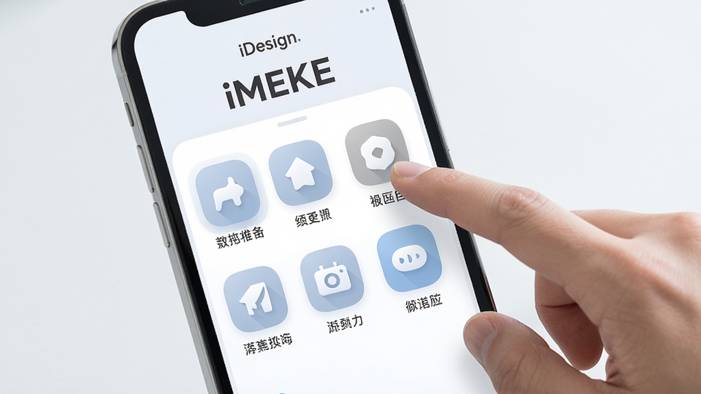 一张手机界面设计展示图,画面中展示iMEKE应用的主界面,界面为浅色背景,顶部有软件名称,中部是两行功能图标,每个图标下方配有简短文字说明,图标风格统一为圆角方形。画面右侧有一只手正指向其中一个图标。整体风格清新简洁,排版规整,细节清晰,画质干净明亮,无多余装饰。