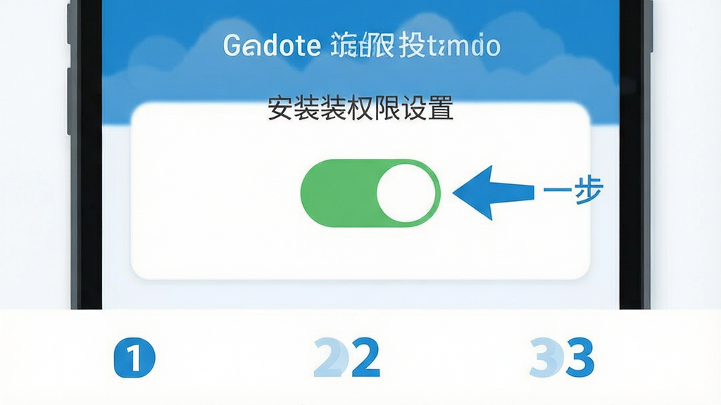 一张手机操作指引示意图,画面展示一部手机屏幕特写,屏幕上显示安装权限设置界面,有一个开关按钮处于开启状态,旁边有箭头指向下一步操作。画面下方有简短的步骤编号1、2、3。整体风格为扁平化教学图示,配色以蓝白为主,布局清晰,细节干净,画质明亮,无多余装饰。