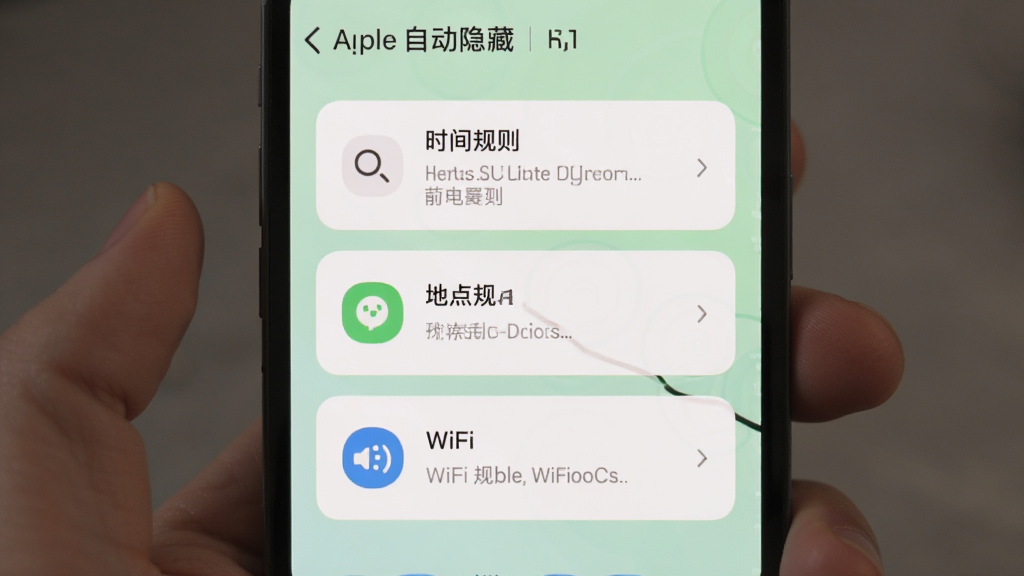 手机屏幕显示应用自动隐藏的设置页面页面中有时间规则地点规则和WiFi规则三个卡片式选项背景为柔和浅绿色风格清新简约画质干净无多余装饰