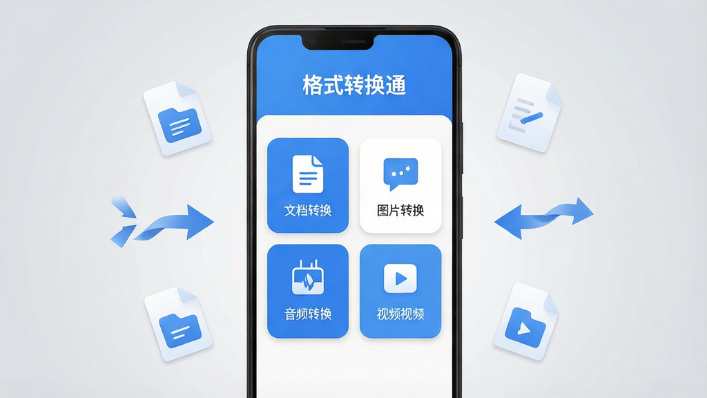 一张手机应用界面展示图,画面中央是一部竖屏安卓手机,手机屏幕上显示“格式转换通”应用首页,首页顶部是软件名称“格式转换通”文字标识,中间排列文档转换、图片转换、音频转换、视频转换四个功能卡片,卡片采用圆角设计,配色为蓝白清新风格,手机周围有少量文件图标和转换箭头作为点缀,背景为浅灰色渐变,整体布局居中对称,风格简洁现代,细节清晰,画质高清,画面干净,无多余元素