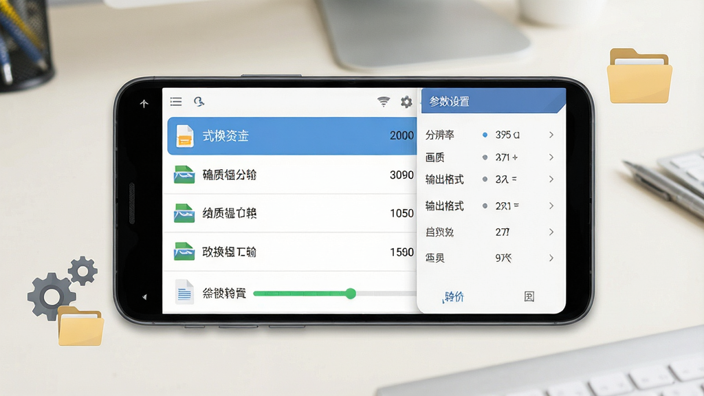 一张展示格式转换通批量转换与参数设置界面的示意图,画面主体为一部横放的安卓手机,屏幕上显示文件列表和转换进度条,列表中有多个文件条目,右侧弹出参数设置面板,面板上标注分辨率、画质、输出格式等选项,手机旁边有齿轮和文件夹图标作为辅助元素,背景为浅色办公桌面场景,布局清晰,风格写实UI风,细节丰富,画质高清,画面干净,无多余元素