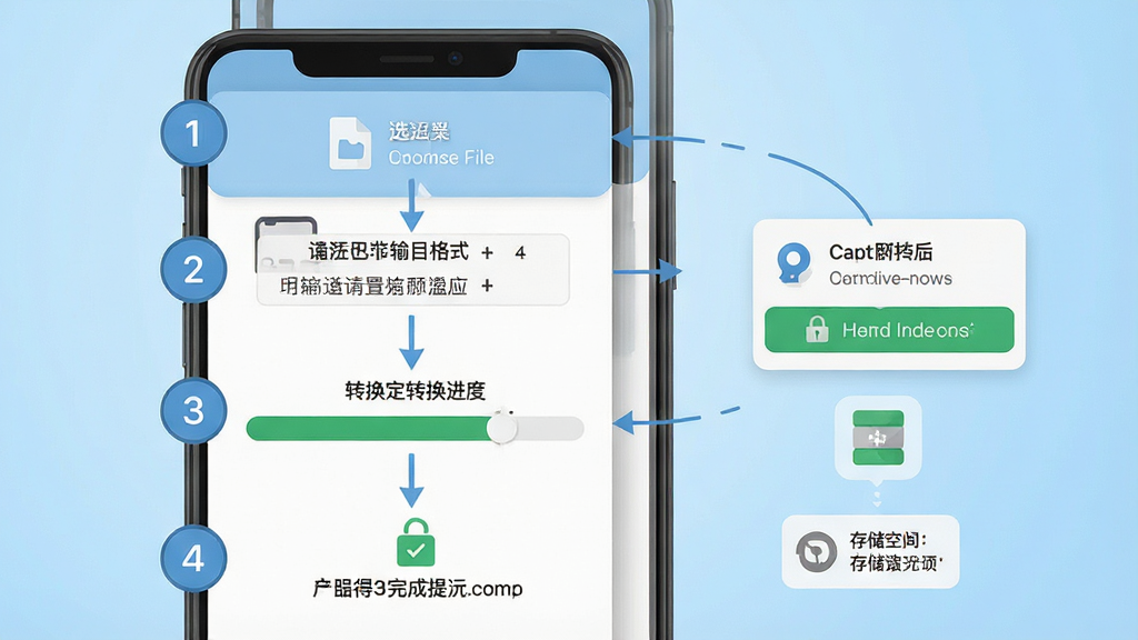 一张展示手机端格式转换操作流程的示意图,画面为一部竖屏手机,屏幕从上到下依次显示选择文件、设置输出格式、转换进度、完成提示四个步骤界面,每个步骤用数字标签标注顺序,手机右侧有权限弹窗和存储空间提示的小图标,背景为浅蓝色渐变,布局纵向排列清晰,风格扁平化教程插画,细节明了,画质高清,画面干净,无多余元素