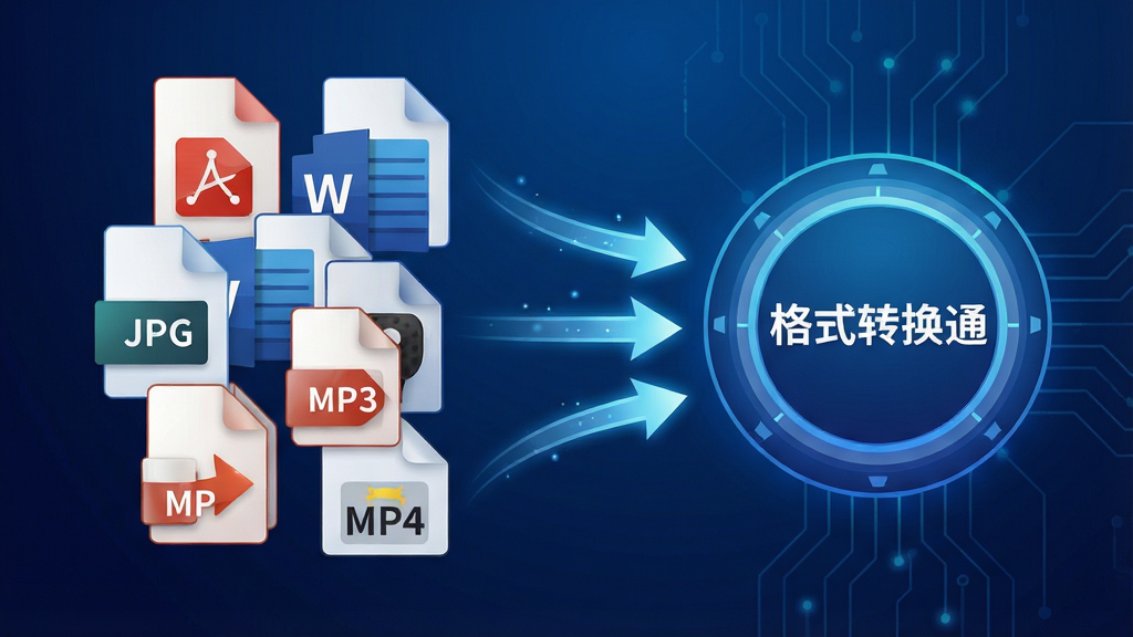 一张展示格式转换通多格式转换能力的示意图,画面左侧堆叠着PDF、Word、JPG、MP3、MP4等不同格式的文件图标,右侧是一个带有“格式转换通”文字标识的转换中枢圆形模块,中间用发光箭头连接,表现文件从多种格式汇聚转换的过程,背景为深蓝色科技感渐变,布局左中右结构清晰,风格扁平化插画,细节精致,画质高清,画面干净,无多余元素