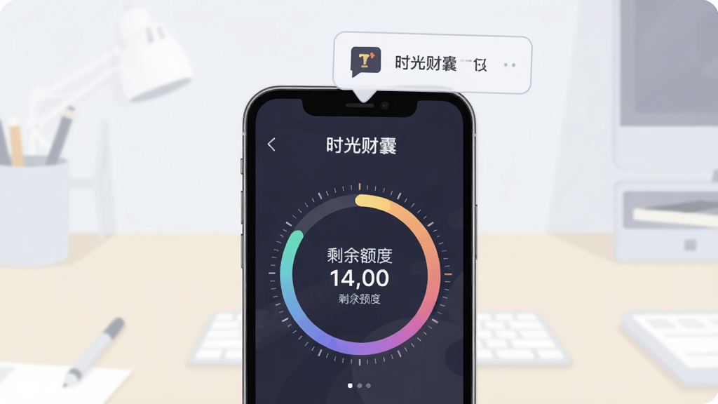 一部手机立在桌面中央,屏幕显示“时光财囊”预算进度页面,环形进度条与剩余额度数字突出,手机上方漂浮一个提醒气泡图标,背景为简洁的浅色办公桌面,构图居中对称,风格为现代扁平化产品插画,细节处进度条有渐变填充与刻度标记,画质清晰干净,无多余元素
