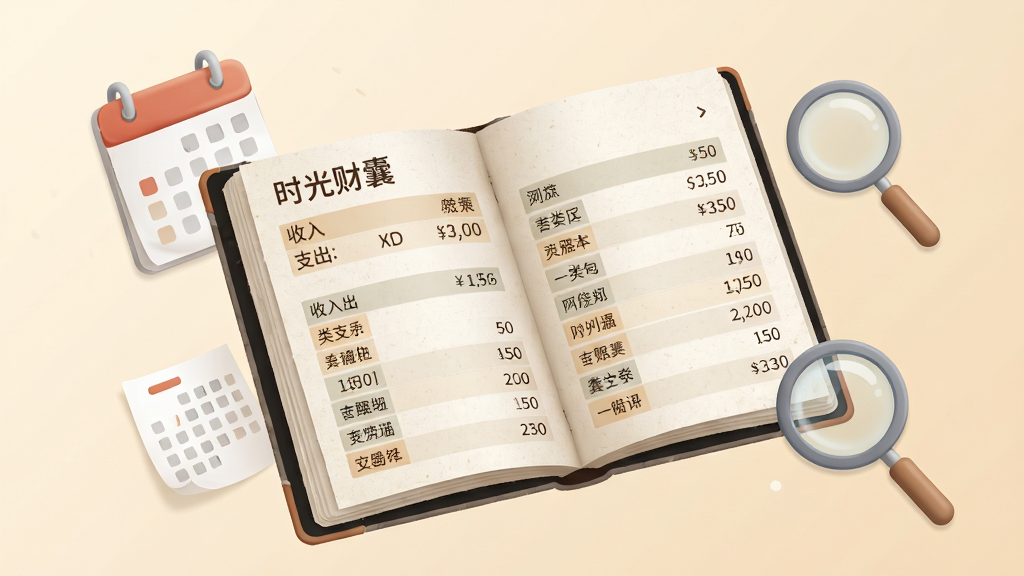 画面展示一本翻开的电子账本悬浮在空中,账本页面呈现“时光财囊”月度账单总结布局,包含收入支出数字与分类明细列表,账本周围环绕日历页与放大镜元素,背景为淡米色渐变,布局上账本占据视觉中心、元素环绕分布,风格为轻拟物插画,细节处纸张质感与数字排版清晰,画质干净整洁