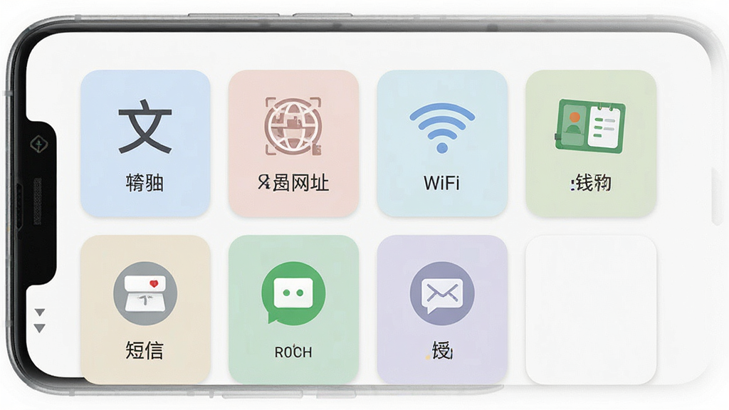 一张展示二维码生成美化器内容类型选择界面的手机截图,画面中一部安卓手机屏幕显示多个内容类型图标卡片,包括文本、网址、WiFi、名片、短信等,卡片排列整齐,配色柔和,背景干净简洁,风格现代扁平化,细节清晰,画质高清,干净无多余元素