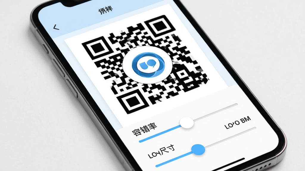 一张展示二维码生成美化器Logo嵌入功能的手机界面图,画面中手机屏幕显示二维码预览区中央嵌入一个圆形Logo,下方有容错率滑块和Logo尺寸调节控件,配色为浅蓝与白色,布局清晰,风格简约商务,细节丰富,画质高清,干净无多余元素