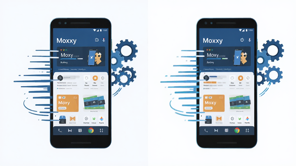 Moxy����������Ӧ�ٶ�ʾ��ͼ������չʾһ����׿�ֻ���Ļ��Moxy�������ڿ����л�ҳ�棬�ֻ��Ա������ٶ����������ͼ��������Ч��ת������Ϊ���ҷ��������Ϊ�Ƽ���ʸ���廭��ϸ�ڰ�����Ļ�ڽ���Ԫ����������̬������Ȼ�����ʸɾ��������޶���Ԫ��