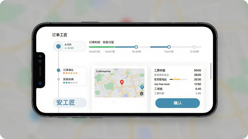 “安工匠”应用订单详情页界面展示,画面主体为手机屏幕,屏幕内呈现订单状态时间轴、安装地址地图缩略图与工费明细,布局为上下分区排版,风格为清爽扁平化UI展示风,细节包含状态圆点、进度条与确认按钮,画质清晰,背景干净,无多余元素