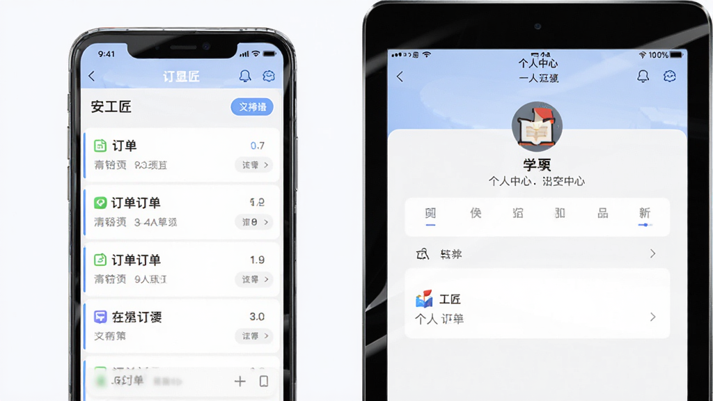 “安工匠”应用在手机与平板双端展示的场景图,主体为两部设备并排摆放,屏幕内分别呈现订单列表与个人中心界面,布局为左右对称构图,风格为现代科技产品展示风,细节包含设备边框反光、界面图标与文字排版,画质高清,背景为纯净浅色,无多余元素