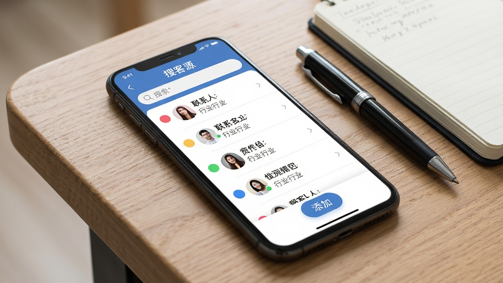 一张手机界面展示图,画面为“搜客源”软件的线索列表页,列表中每条线索左侧有彩色标签圆点,右侧显示联系人名称与行业信息,顶部有搜索栏,底部有悬浮的添加按钮,手机斜放在木质桌面上,旁边放着一支笔和笔记本,风格为生活化办公场景,细节上屏幕内容清晰、光影柔和,画质高清,背景简洁