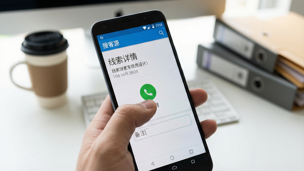 一张手机操作场景图,画面为一只手握着安卓手机,屏幕显示“搜客源”软件的线索详情页,页面上有拨号按钮与备注输入框,手机背景为虚化的办公桌面,桌面上有咖啡杯与文件夹,风格为真实生活摄影风,细节上手指与屏幕接触自然、界面文字清晰,画质高清,背景干净不抢主体