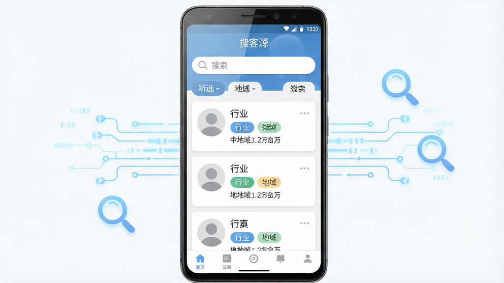 一张手机应用界面展示图,画面中央是一部竖屏安卓手机,屏幕内显示“搜客源”软件的主页,主页上方有搜索框与筛选标签,中部为客源线索卡片列表,每张卡片包含头像占位、行业标签与地域信息,底部为导航栏。布局采用居中对称排版,手机两侧点缀浅蓝色数据流线条与放大镜图标,风格为清爽科技商务风,细节上屏幕反光自然、图标圆润、文字清晰可辨,画质高清,背景干净无多余元素