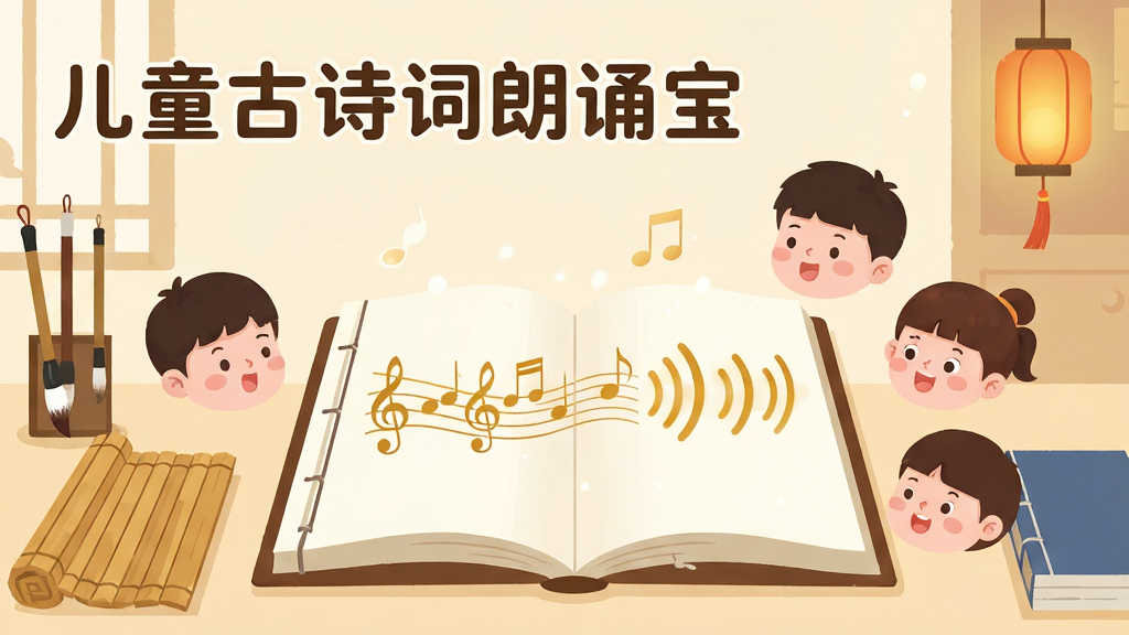 画面中央是一本摊开的中国古典线装诗集,书页上浮现出金色的音符与朗读声波,周围环绕着几个卡通儿童头像正在跟读,背景为柔和的米黄色书房环境,画面左上角以圆润字体写着“儿童古诗词朗诵宝”,整体布局为居中构图、上方留白放置软件名称,风格为温暖治愈的扁平插画,细节包括毛笔、竹简、小灯笼等国学元素点缀,画质清晰干净,无多余杂乱元素