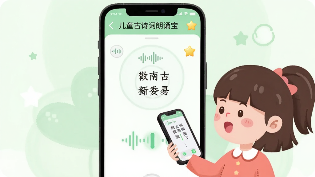 画面中心是一部竖屏手机,手机屏幕上显示“儿童古诗词朗诵宝”的跟读界面,界面中有诗句文字和跳动的节奏光点,手机旁边站着一个卡通小女孩正对着手机朗读,布局为手机居中、人物在右侧,风格为清新柔和的扁平矢量插画,细节包括声波图标、星星奖励标记、浅绿色背景,画质干净清晰,无多余元素