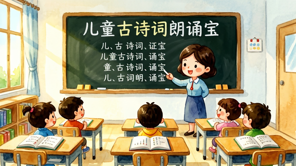 画面主体为一间明亮的儿童阅读教室,墙上挂着一块黑板,黑板上用粉笔写着“儿童古诗词朗诵宝”几个字,黑板前方一位卡通老师正指着诗句领读,下方坐着三排卡通小朋友跟读,布局为横向展开的教室场景,风格为明快的水彩卡通,细节包括整齐的课桌、翻开的诗册、窗口透进的阳光,画质细腻干净,无多余装饰元素