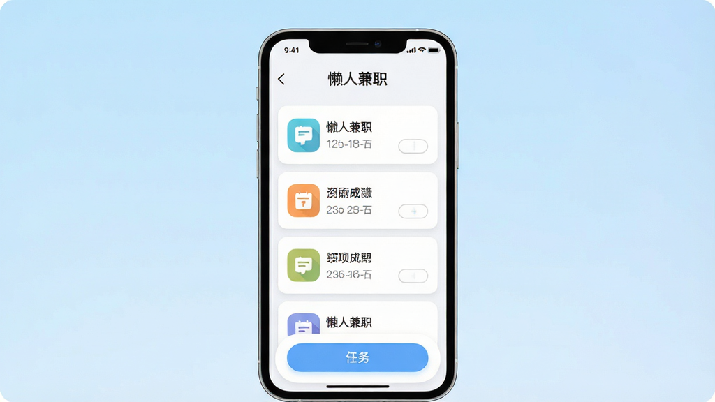 手机应用界面展示图,画面中央是一部竖屏智能手机,屏幕上显示任务列表页面,顶部有“懒人兼职”文字标识,下方排列多个任务卡片,每张卡片带图标和简短文字,背景为浅蓝色渐变,整体布局简洁清晰,风格为扁平化UI设计,细节包括圆角按钮和状态栏图标,画质干净锐利,无多余元素