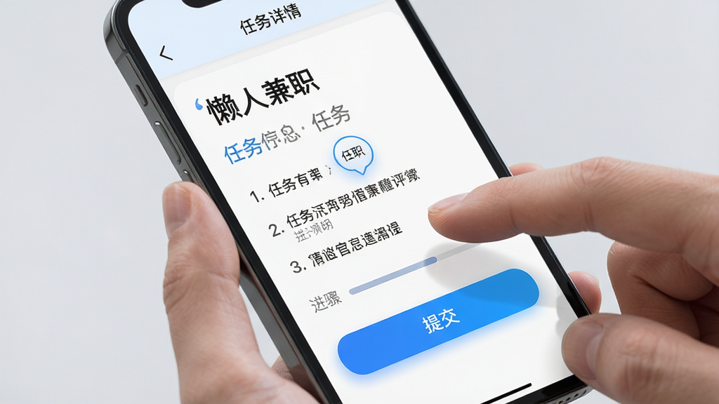 手机屏幕特写图,画面显示“懒人兼职”任务详情页面,包含任务标题、步骤说明和提交按钮,旁边有一只手正在点击屏幕,背景为柔和浅灰色,风格为写实UI展示,细节包括按钮高亮状态和进度条,画质清晰干净,无多余元素