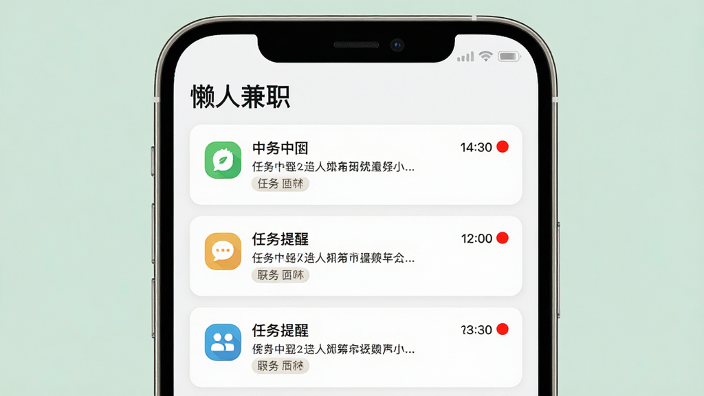 手机通知界面图,画面展示“懒人兼职”消息中心页面,顶部有软件名称,下方列出多条任务提醒卡片,带有时间戳和小图标,背景为白色,风格为简洁卡片式设计,细节包括未读红点和分类标签,画质干净明亮,无多余元素