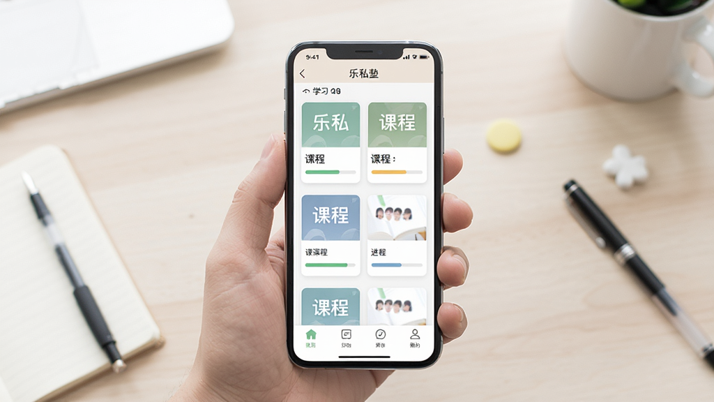 一张展示乐私塾手机应用界面的场景图,主体为手持智能手机,屏幕显示乐私塾课程列表与学习进度页面,布局采用居中构图,背景为浅色书桌与文具,风格清新简约,细节包含课程卡片、进度条与功能图标,画质清晰干净,无多余元素