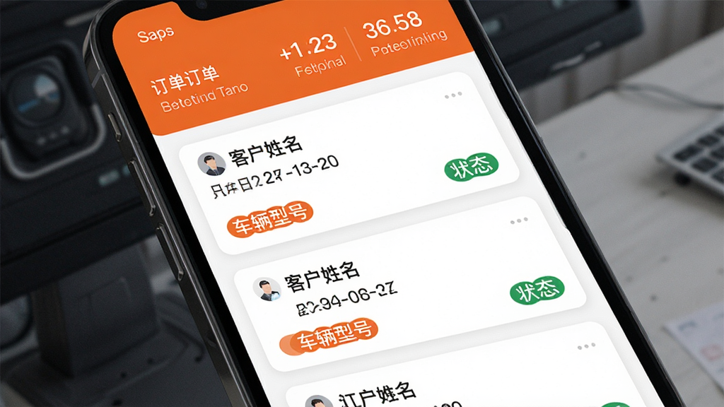 滴滴租车商家端订单管理界面,手机屏幕显示订单卡片列表,每张卡片包含客户姓名、租车日期、车辆型号和状态标签,界面顶部有统计数字,配色为白色与橙色搭配,风格简洁商务,画质清晰,干净无多余元素