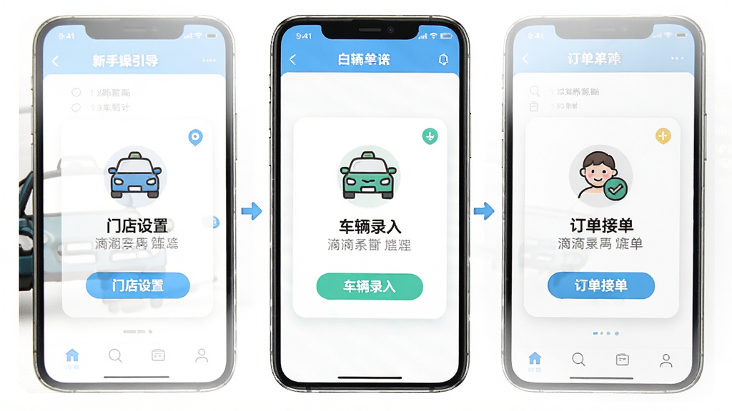 滴滴租车商家端新手操作引导页面,手机屏幕显示分步骤操作示意图,包含门店设置、车辆录入和订单接单三个步骤卡片,界面配色明亮,图标清晰,风格友好,画质高清,干净无多余元素
