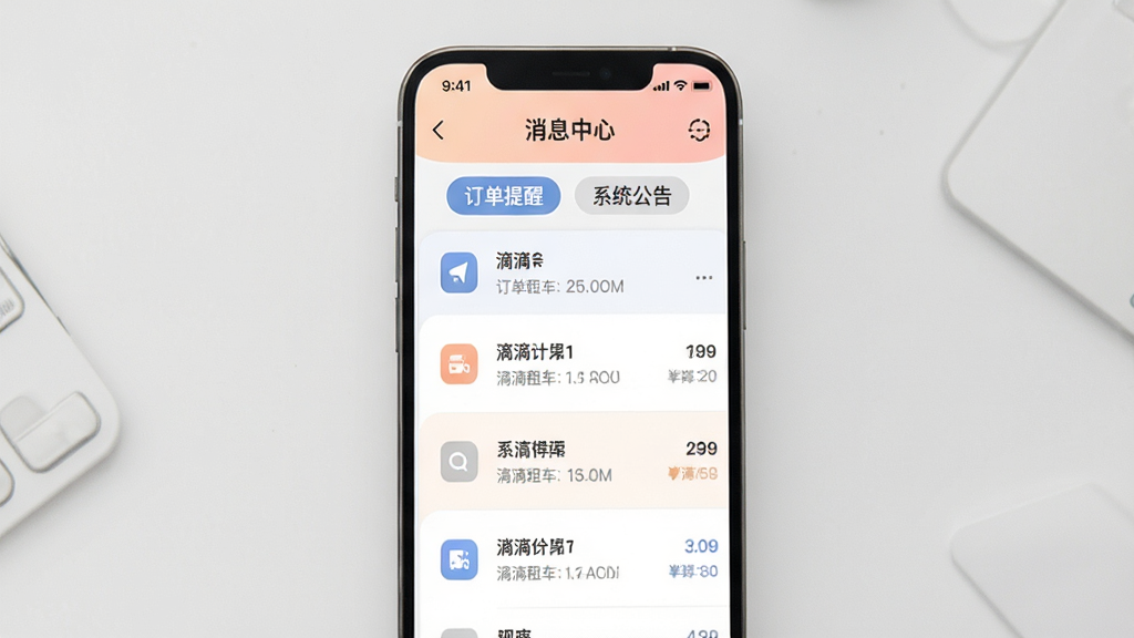 滴滴租车商家端消息中心界面,手机屏幕显示分类消息列表,包含订单提醒和系统公告标签,界面配色柔和,图标简洁,风格现代,画质清晰,干净无多余元素