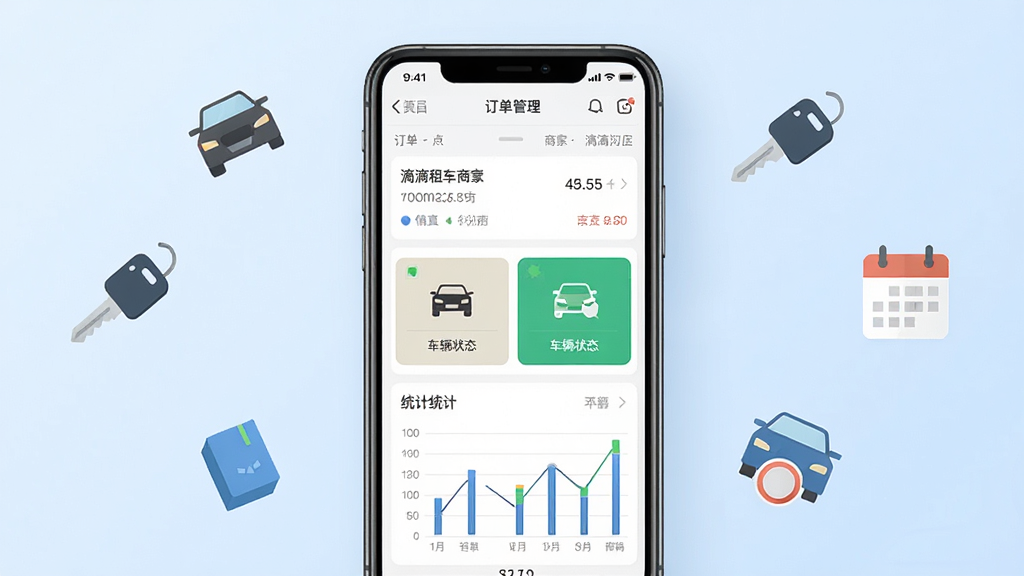 手机应用界面展示,画面中央是一部智能手机,屏幕上显示滴滴租车商家端的订单管理页面,包含订单列表、车辆状态卡片和统计图表,背景为简洁的浅蓝色渐变,周围环绕汽车、钥匙、日历等扁平化图标,整体风格清爽现代,排版居中对称,细节清晰,画质高清,干净无多余元素