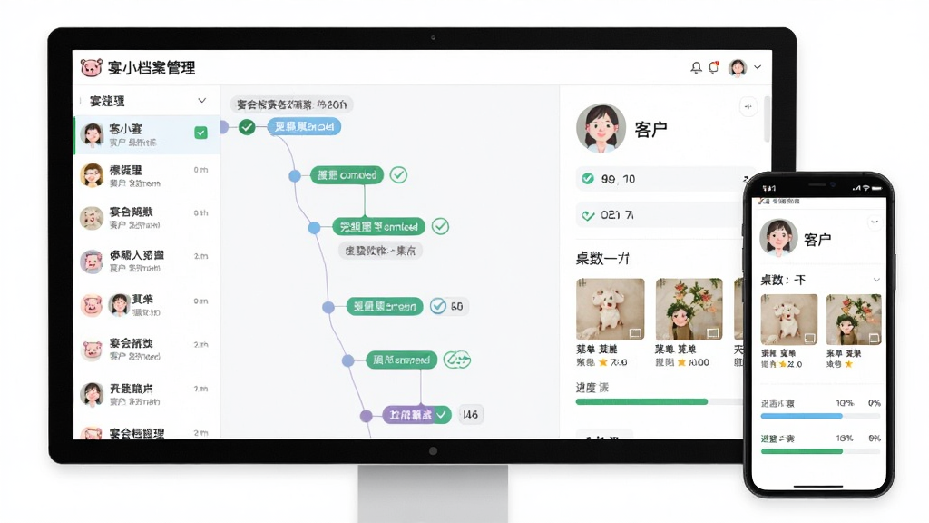 画面主体为宴小猪软件中的宴会档案管理界面,界面以时间轴形式展示多场宴会的筹备节点,左侧为宴会列表,右侧为详情面板,面板中包含客户头像、桌数统计、菜单缩略图与进度条,布局为左右分栏的桌面端与移动端双端展示,风格为清爽扁平化UI设计,细节上强调勾选完成状态与日期标签,画质清晰干净,无多余元素