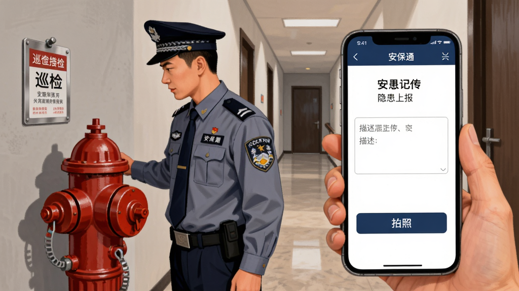 画面主体为一名保安员手持手机在楼道内拍摄消防栓,手机屏幕显示“安保通”隐患上报页面,页面包含拍照上传按钮与文字描述输入框,背景为住宅楼走廊,整体采用写实风格插画,色调以暖灰与深蓝为主,细节包括消防栓、巡检标签与手机界面元素,画质清晰干净,构图人物偏左屏幕偏右,无多余装饰