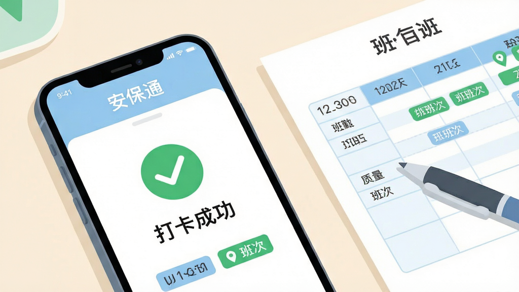 画面主体为手机屏幕特写,屏幕显示“安保通”考勤打卡成功页面,页面中央有绿色对勾图标与“打卡成功”文字,手机旁放置一张排班表与一支签字笔,背景为浅色办公桌面,整体采用清新简约的扁平插画风格,色调以白色、浅蓝与绿色为主,细节包括时间戳、定位图标与班次标签,画质清晰干净,布局左图右文,无多余元素