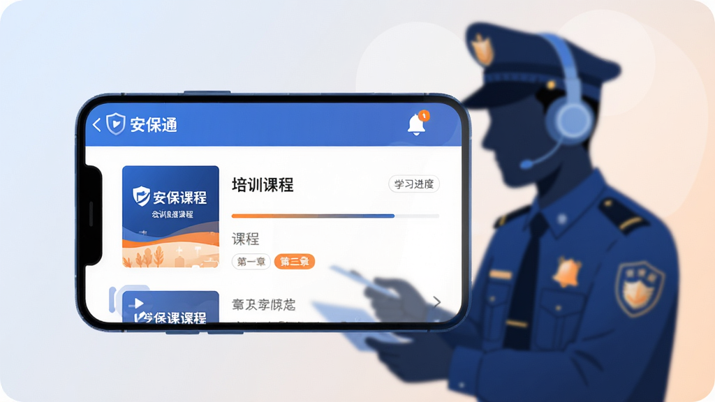 画面主体为手机横屏展示“安保通”培训课程列表页面,页面包含课程封面、课程名称与学习进度条,手机后方虚化显示一名保安员佩戴耳机学习的剪影,背景为浅色渐变,整体采用现代扁平插画风格,色调以蓝色与橙色点缀为主,细节包括播放按钮、章节标签与通知铃铛图标,画质清晰干净,布局居中,无多余元素