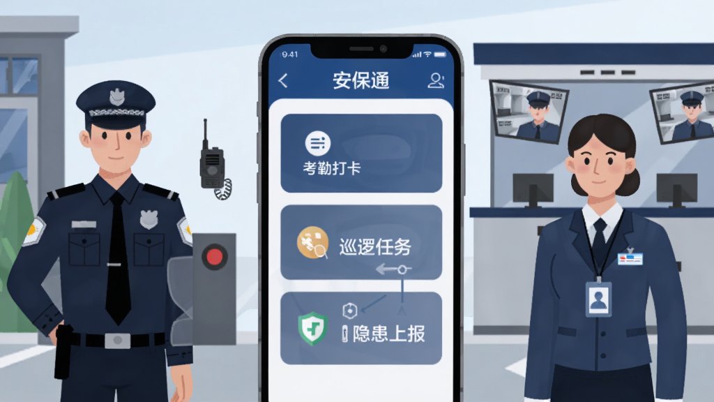 画面主体为一部竖屏智能手机,屏幕中央展示“安保通”应用主界面,界面包含考勤打卡、巡逻任务、隐患上报三个功能卡片,手机两侧分别站立身穿深色制服的保安人员与佩戴工牌的物业管理人员,背景为现代小区门岗与监控室,整体采用扁平化商务插画风格,色调以深蓝与浅灰为主,细节包括门禁闸机、对讲设备与巡逻路线图标,画质清晰干净,构图居中留白合理,无多余装饰元素