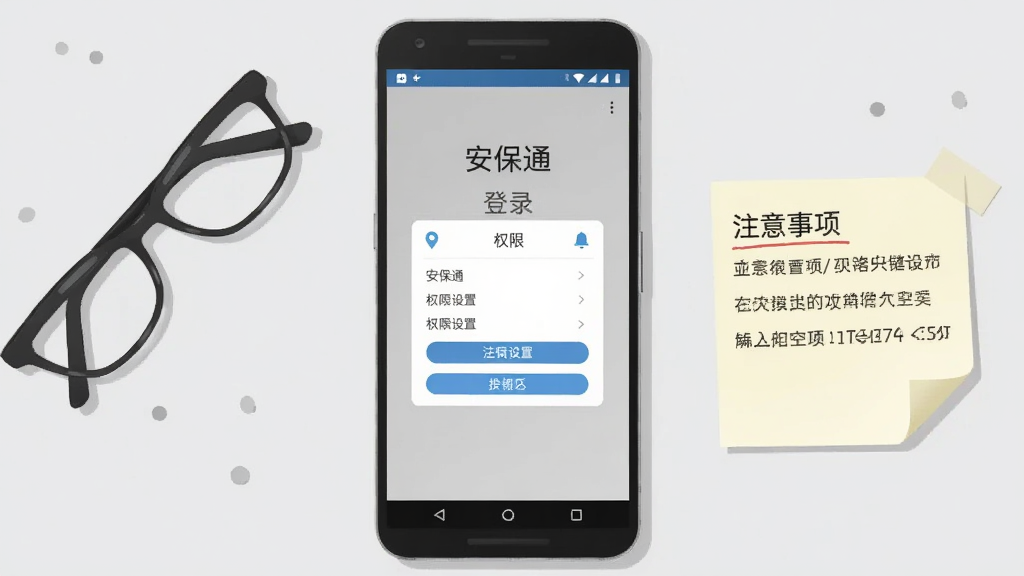 画面主体为一部安卓手机屏幕显示“安保通”登录页面与权限设置弹窗,旁边放置一副眼镜与一张写有注意事项的便签纸,背景为浅灰色桌面,整体采用简洁说明风格插画,色调以白色、浅蓝与深灰为主,细节包括定位图标、通知铃铛与存储空间提示条,画质清晰干净,构图手机居中便签在侧,无多余元素