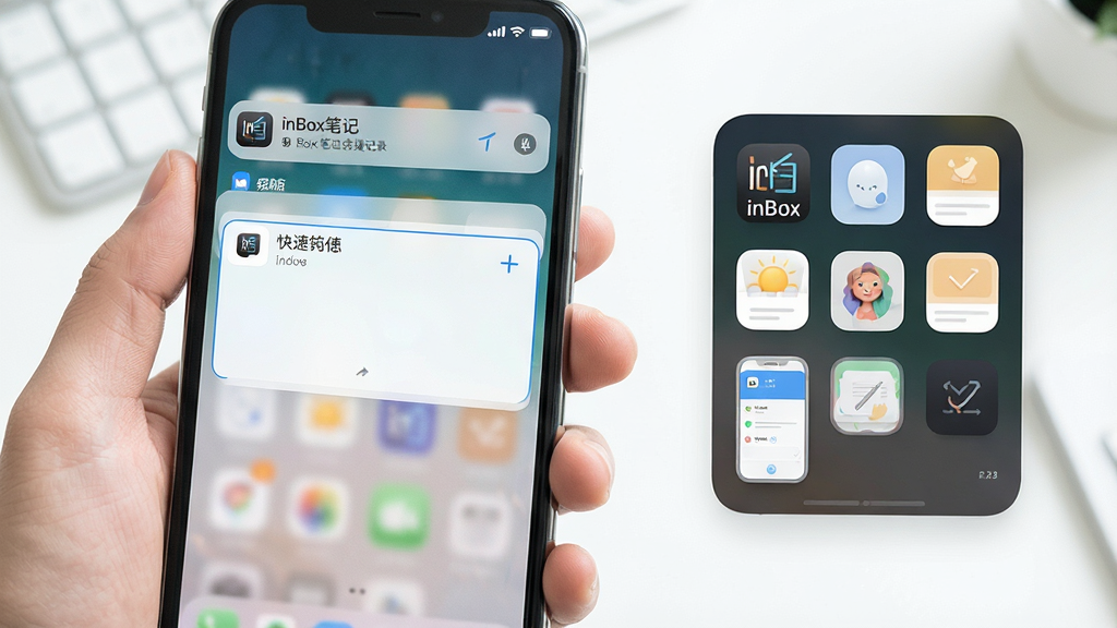 一张展示inBox笔记快捷记录功能的场景图,画面中一只手拿着手机,手机屏幕显示通知栏下拉后的快速笔记输入框,旁边有桌面小组件展示,整体风格清新明亮,布局简洁,细节清晰,画质高清,画面干净,屏幕中可辨识“inBox笔记”应用图标