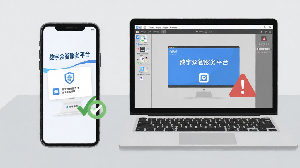 画面为一部手机与一台笔记本电脑并排摆放,手机屏幕显示“数字众智服务平台”安装界面,电脑屏幕显示模拟器运行界面,背景为浅灰色工作台,画面中加入对勾与警示图标,风格扁平说明风,布局左右对应,排版整齐,细节上突出安装与运行的对比,画质清晰,干净,无多余元素