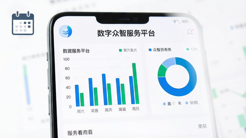 画面主体为一部手机,屏幕显示“数字众智服务平台”的数据看板页面,包含柱状图与环形图,图表配色为蓝绿搭配,背景为白色,画面左上角有简约的日历图标,风格商务简洁,布局上图表居中排列,排版规整,细节上突出图表的清晰度与数据标签,画质清晰,干净,无多余元素