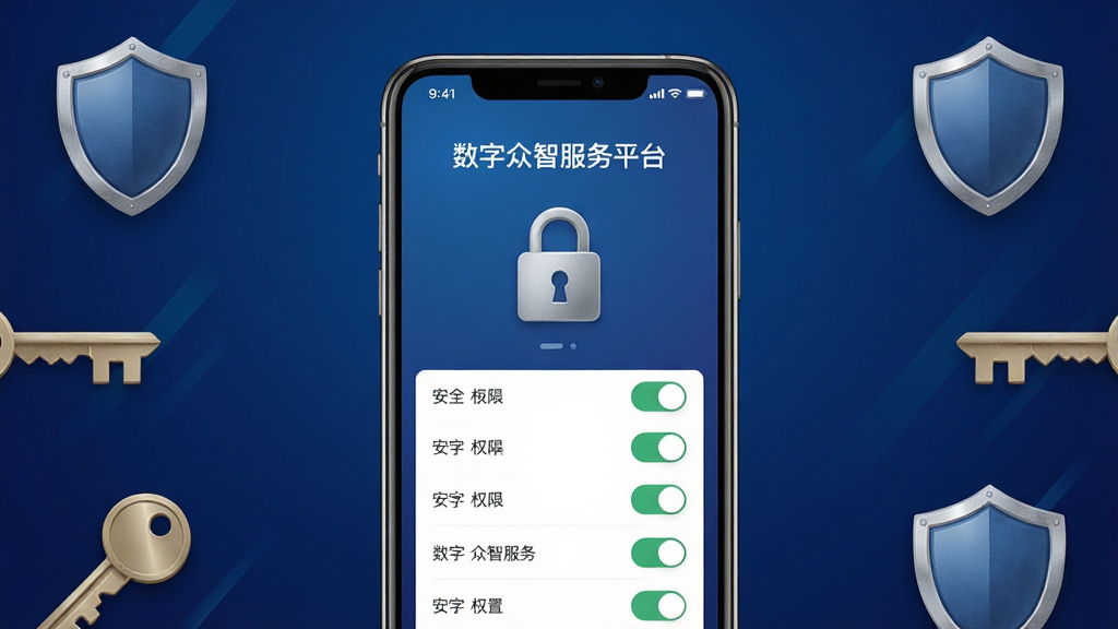 画面中央为一部手机,屏幕显示“数字众智服务平台”的安全设置界面,包含锁形图标与权限开关列表,背景为深蓝色渐变,画面四周环绕盾牌与钥匙的简约图形,风格稳重大气,布局居中对称,排版清晰,细节上突出安全元素的质感,画质清晰,干净,无多余元素