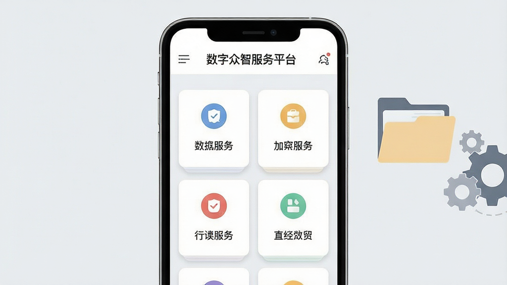 画面中心为一部手机,屏幕显示“数字众智服务平台”首页界面,多个服务卡片整齐排列,卡片带有图标与文字标签,背景为淡灰色,画面右侧点缀简约的文件夹与齿轮图形,风格扁平化,布局左右均衡,排版干净有序,细节上强调卡片层次感,画质清晰,干净,无多余元素