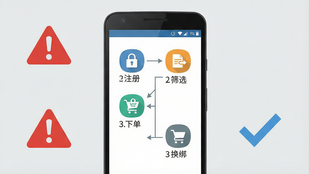 一张手机操作指引风格的配图,画面主体是一部安卓手机,屏幕上显示分步骤的操作流程界面,包含注册、筛选、下单、换绑四个步骤图标,手机旁边有一个红色警示标志和一个蓝色对勾标志,背景为浅灰色,排版为手机居中、图标环绕,风格扁平化教程插画,细节清晰,画质高清,画面干净,无多余元素