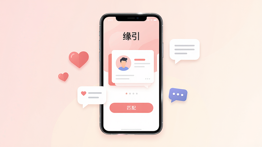 画面主体为一部竖屏智能手机,屏幕中央显示“缘引”应用主界面,界面包含用户头像卡片与匹配按钮,手机两侧漂浮着爱心与对话气泡图标;布局采用居中构图,手机位于画面正中,背景为柔和的浅粉与米白渐变;风格为现代扁平化插画,线条干净利落;细节上手机边框带有轻微高光,气泡内可见简洁的文字线条,整体画面预留适当留白;画质清晰锐利,干净无多余元素,适合下载站配图使用