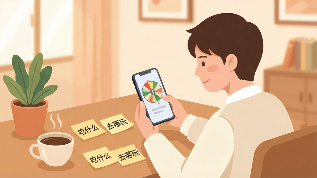 一张表现“小决定”新手使用场景的插画,画面中一位年轻人坐在桌前手持手机,手机屏幕显示转盘界面,桌面上散落着写有“吃什么”“去哪玩”的便签纸,旁边有一杯咖啡和一盆绿植,背景为温馨的室内环境,风格扁平插画,色调柔和温暖,布局自然,画质清晰干净,无多余杂乱元素