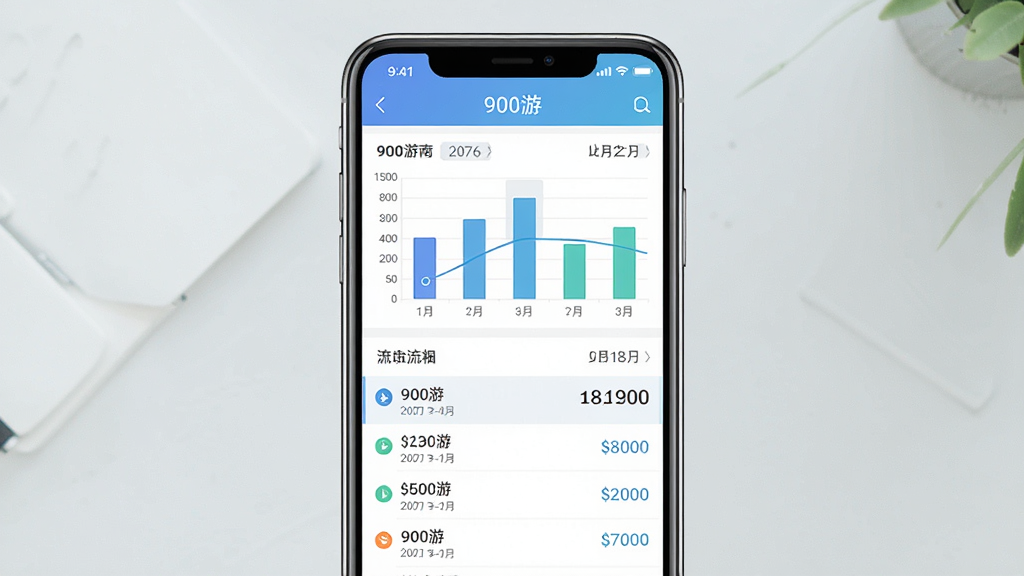 一张展示900游收益流水页面的手机界面图,主体为手机屏幕内呈现柱状统计图与流水列表组合布局,布局为手机居中、图表在上列表在下,风格为清新商务扁平风,细节包括金额数字、日期标签、收支明细条目,画面中包含