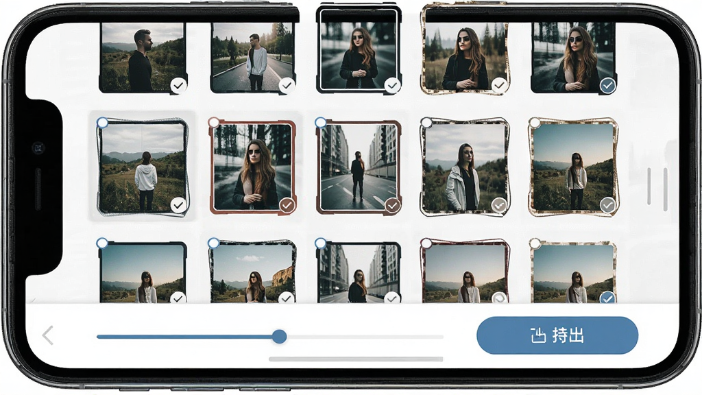 һ�Ź�Ӱ�߿�APP������������չʾͼ������Ϊ�ֻ���Ļ����ʾ������Ƭ����ͼ���г�����״��ÿ����Ƭ��������ͳһ���ı߿򣬵ײ��н������뵼����ť������Ϊ�Ϸ���Ƭ�����·���������������Ч��ϸ��������ͼ���й�ѡ�����߿�Ԥ��Ч�������������ɾ����޶���Ԫ��