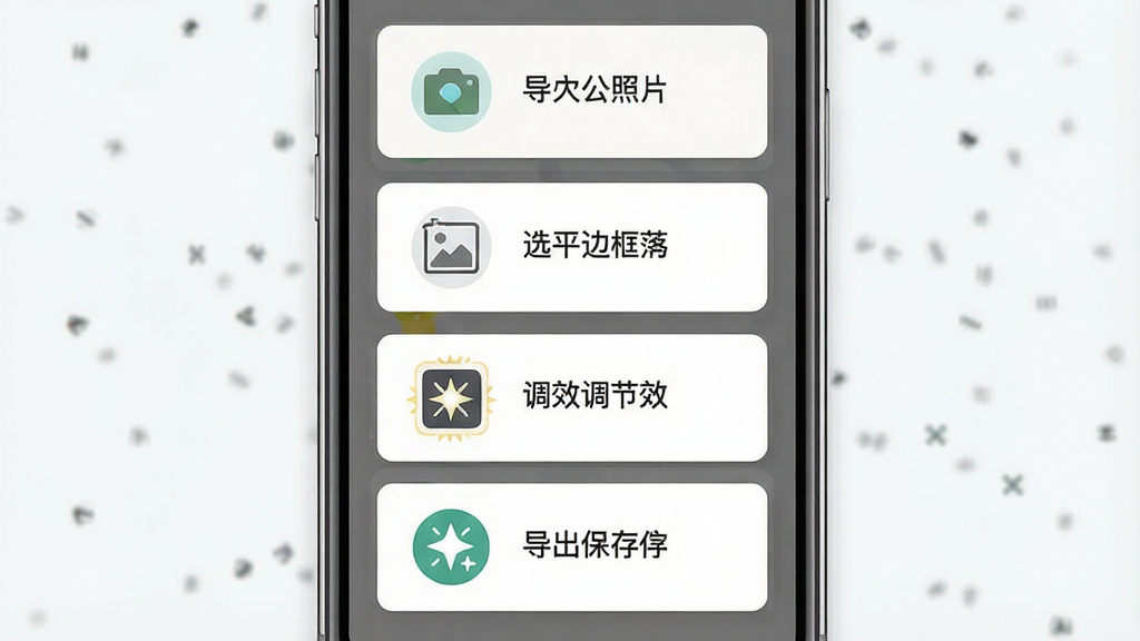 һ�Ź�Ӱ�߿�APP���ֲ�������ʾ��ͼ������Ϊ�ֻ���Ļ��ʾ�ֲ�������ʾ���㣬����������Ƭ��ѡ��߿򡢵��ڹ�Ч�����������ĸ�����ͼ�꣬����Ϊ�������еĲ��迨Ƭ�����Ϊ��ƽ���������棬ϸ����ÿ���������м���ͼ����������˵�������������ɾ����޶���Ԫ��